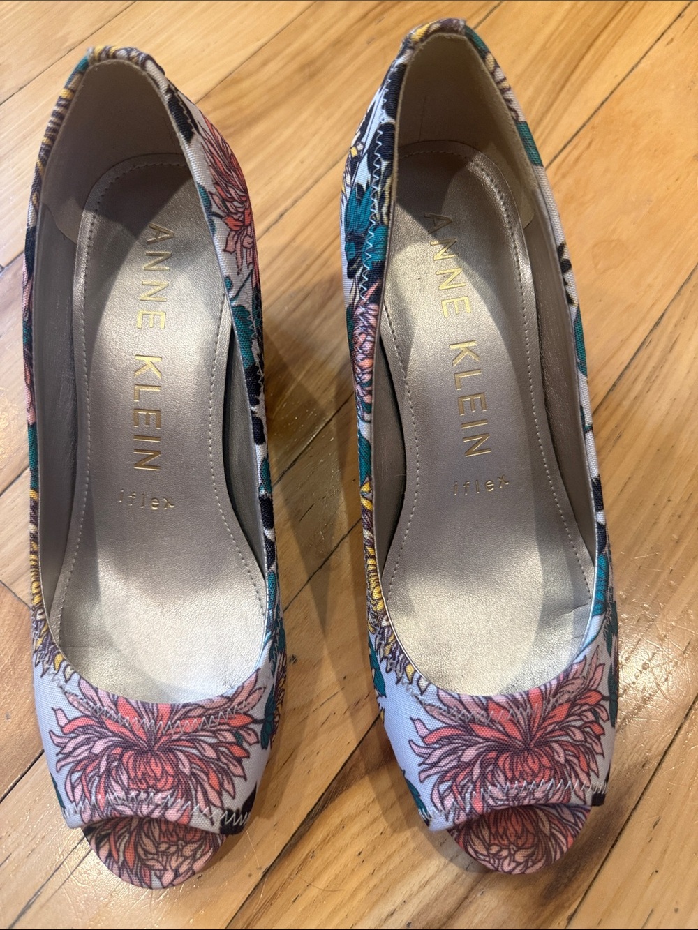 Anne Klein Floral Open-Toe Pumps in Pink, Teal, Yellow